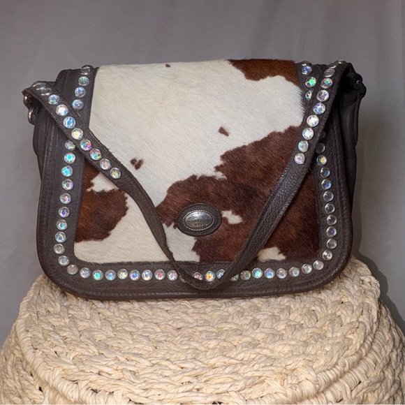American West Cowhide Leather Shoulder Bag Western Boho Rhinestone Studded Purse - Picture 3 of 11
